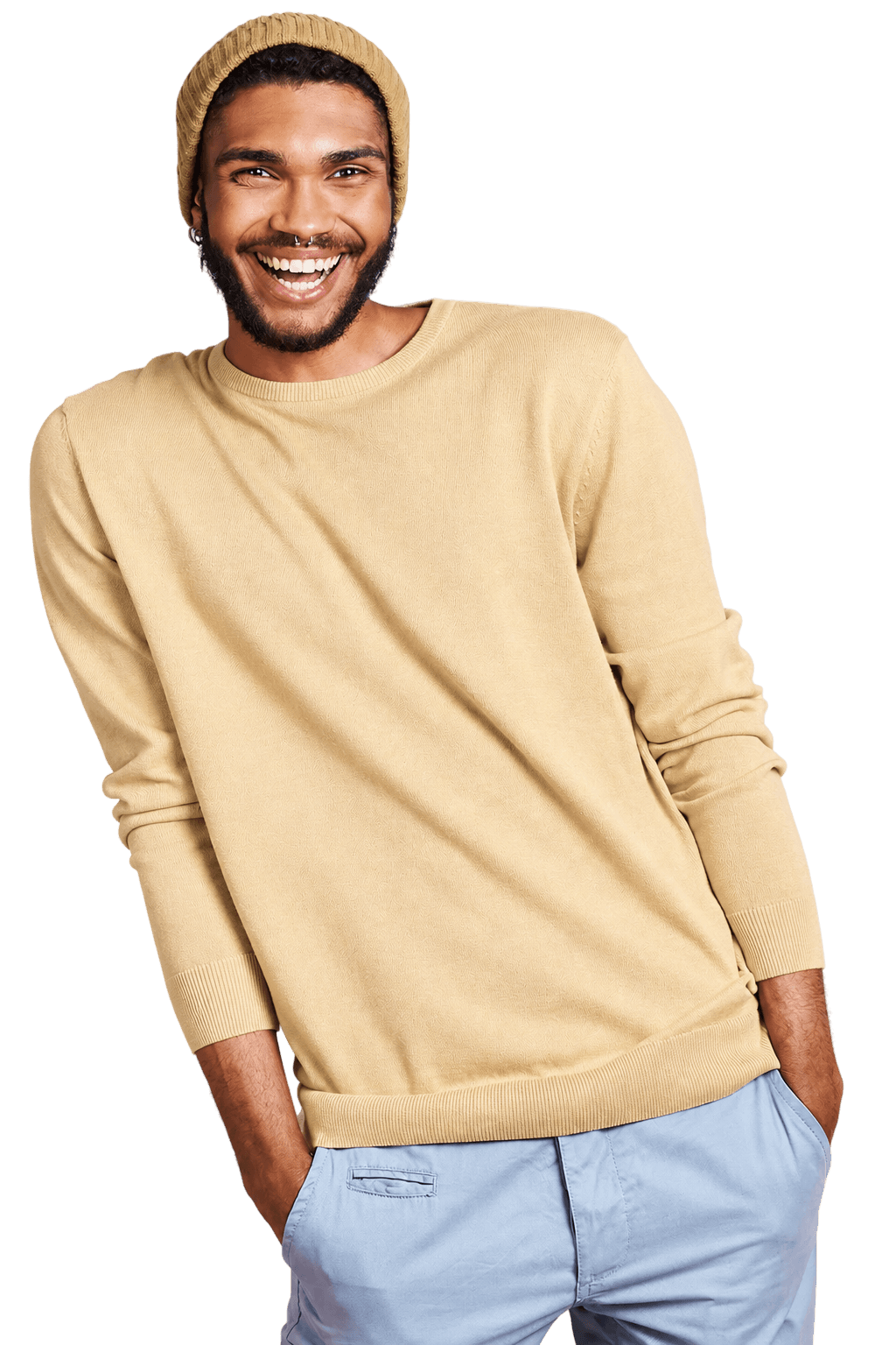 Man in colorful setting smiling with enthusiasm